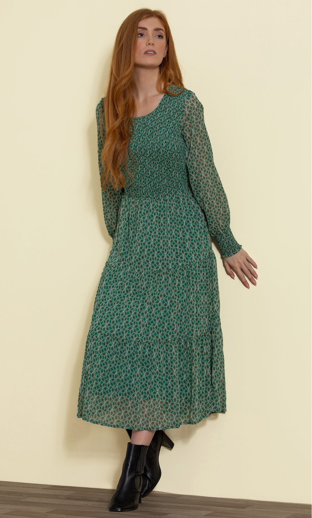 Long Sleeve Printed Chiffon Midaxi Dress