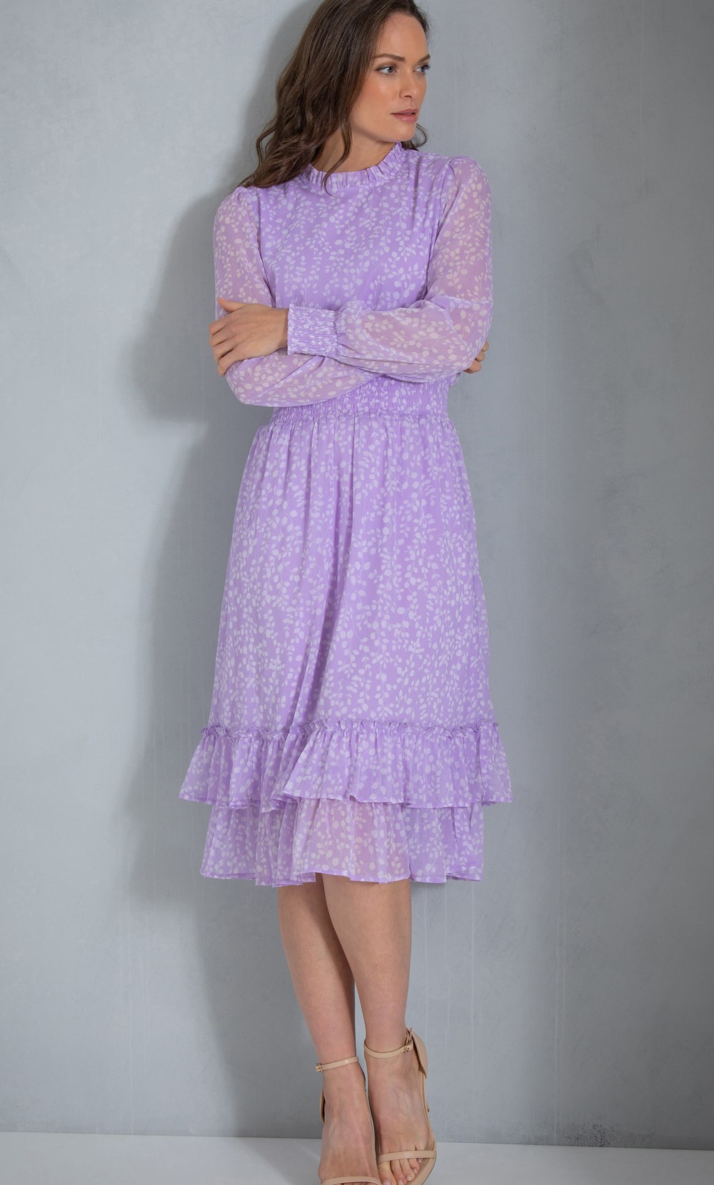 Brands - Klass Printed Long Sleeve Chiffon Midi Dress Lavender/Ivory Women’s