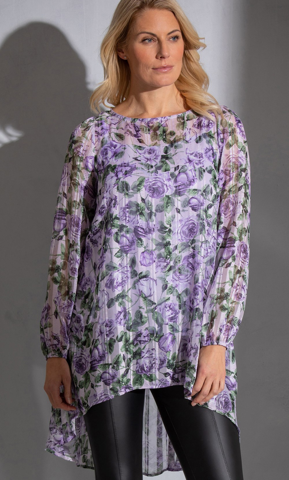 Klass Floral And Stripe Shimmer Dip Hem Georgette Tunic Top Lavender/Multi Women’s