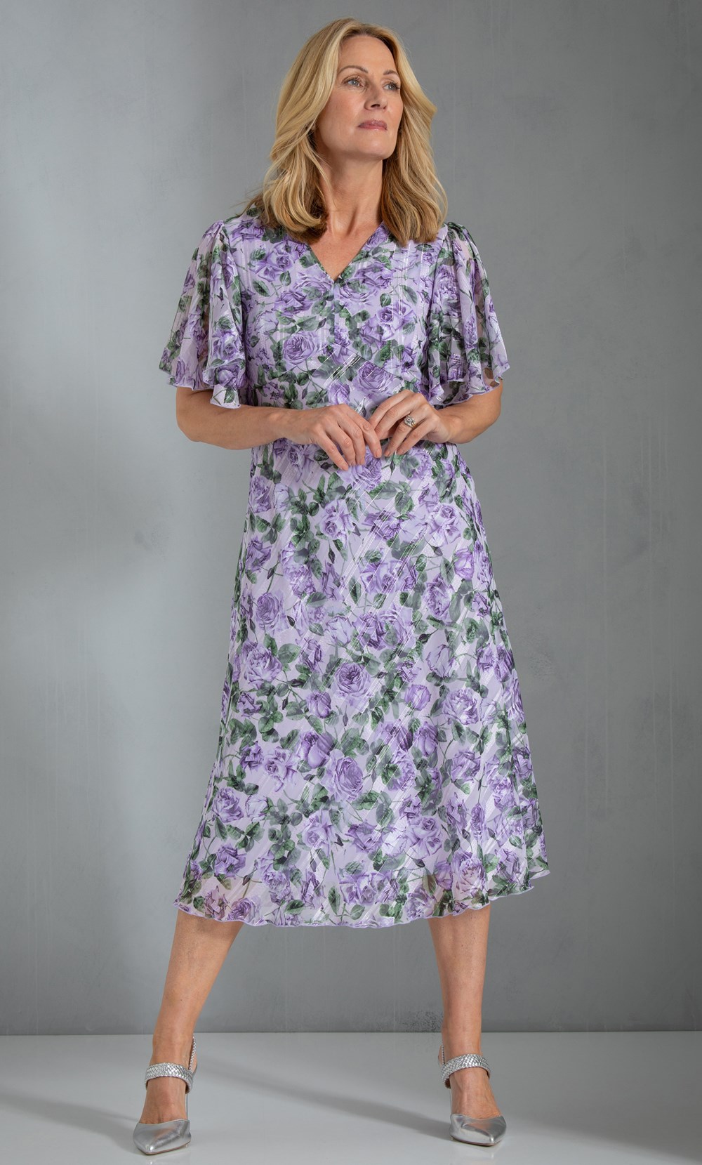 Brands - Anna Rose Anna Rose Floral Shimmer Georgette Midi Dress Lavender/Multi Women’s