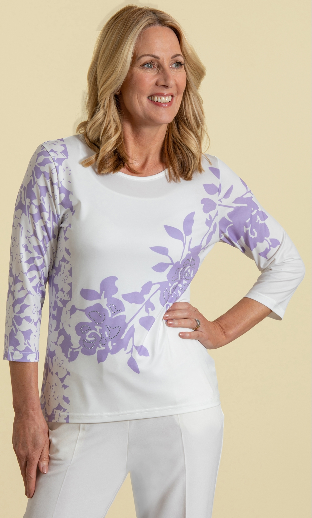 Brands - Anna Rose Anna Rose Embellished Placement Print Top Ivory/Lavender Women’s