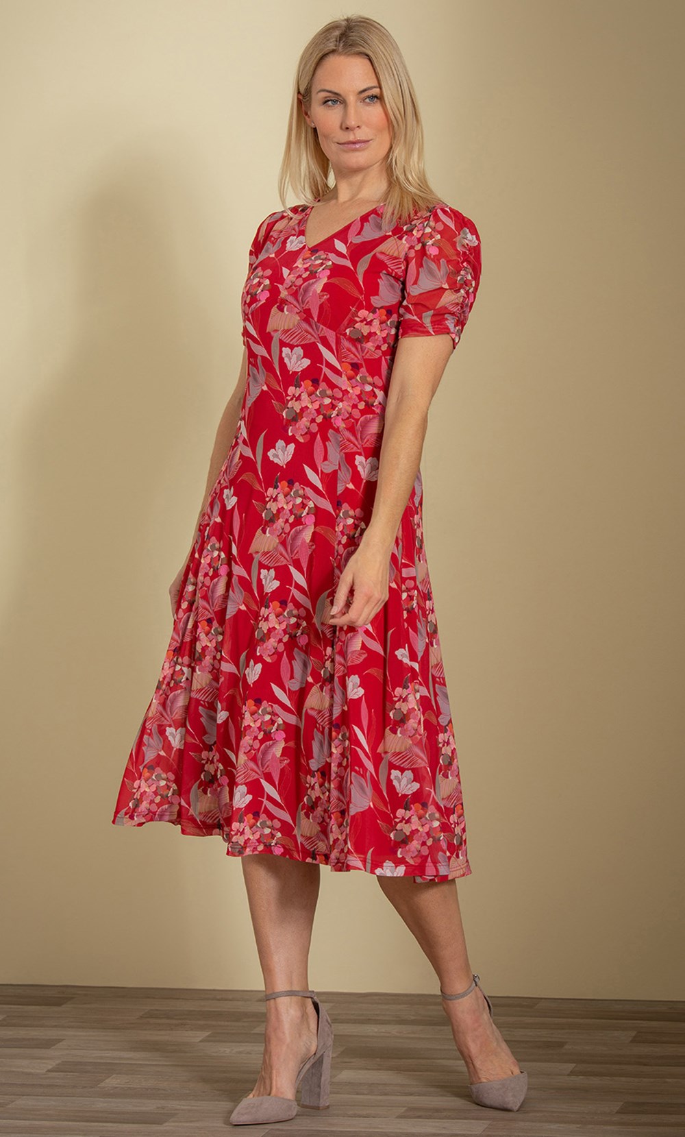Floral Printed Mesh Midi dress in Red | Klass