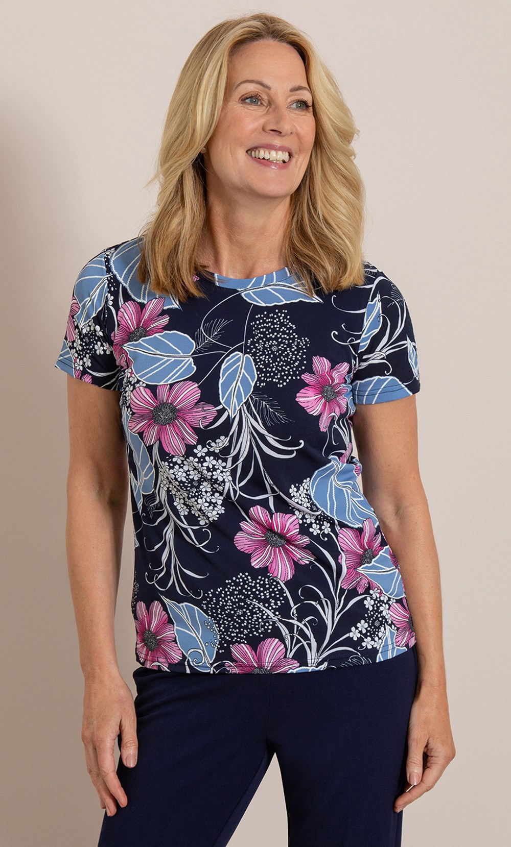 Anna Rose Bold Floral Textured Top Navy/Pink/Multi Women’s