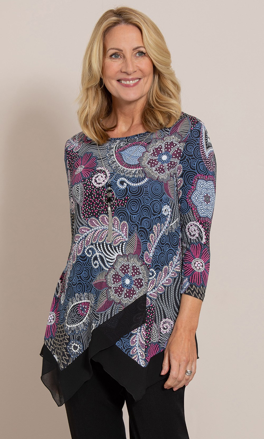 Brands - Anna Rose Anna Rose Textured Printed Jersey Tunic Top With Necklace Blue/Pink/Multi Women’s