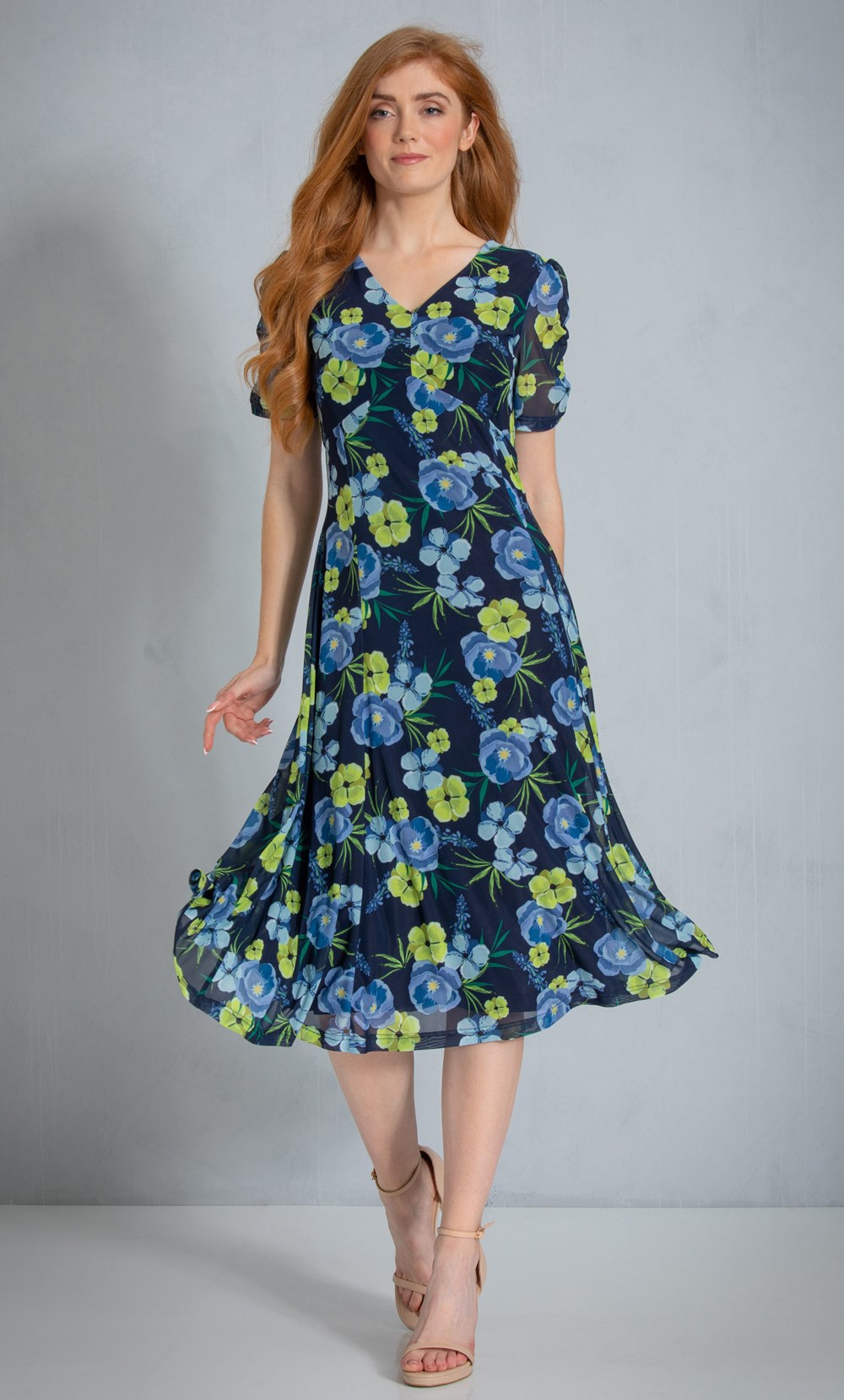 Brands - Klass Floral Printed Mesh Midi Dress Midnight/Lime Women’s