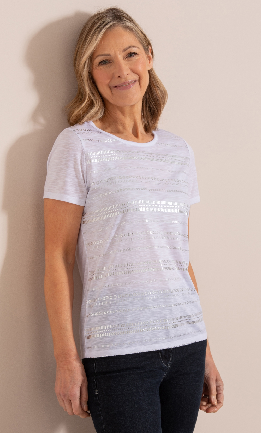 Brands - Anna Rose Anna Rose Shimmer Print Jersey Top White Multi Women’s