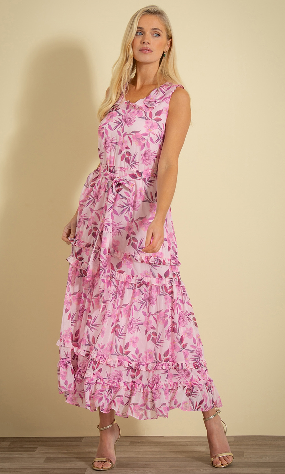 Brands - Klass Floral Chiffon Tiered Maxi Dress Soft/Pink/Multi Women’s