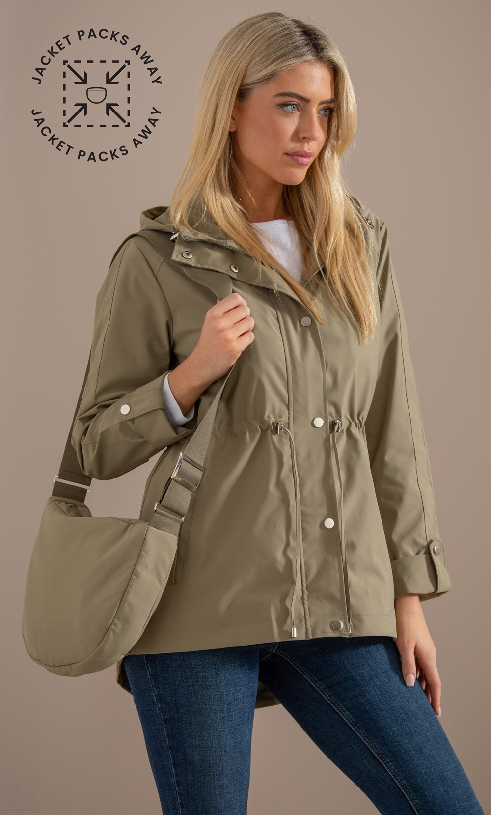 Brands - Klass Hooded Jacket With Packaway Bag Khaki Women’s