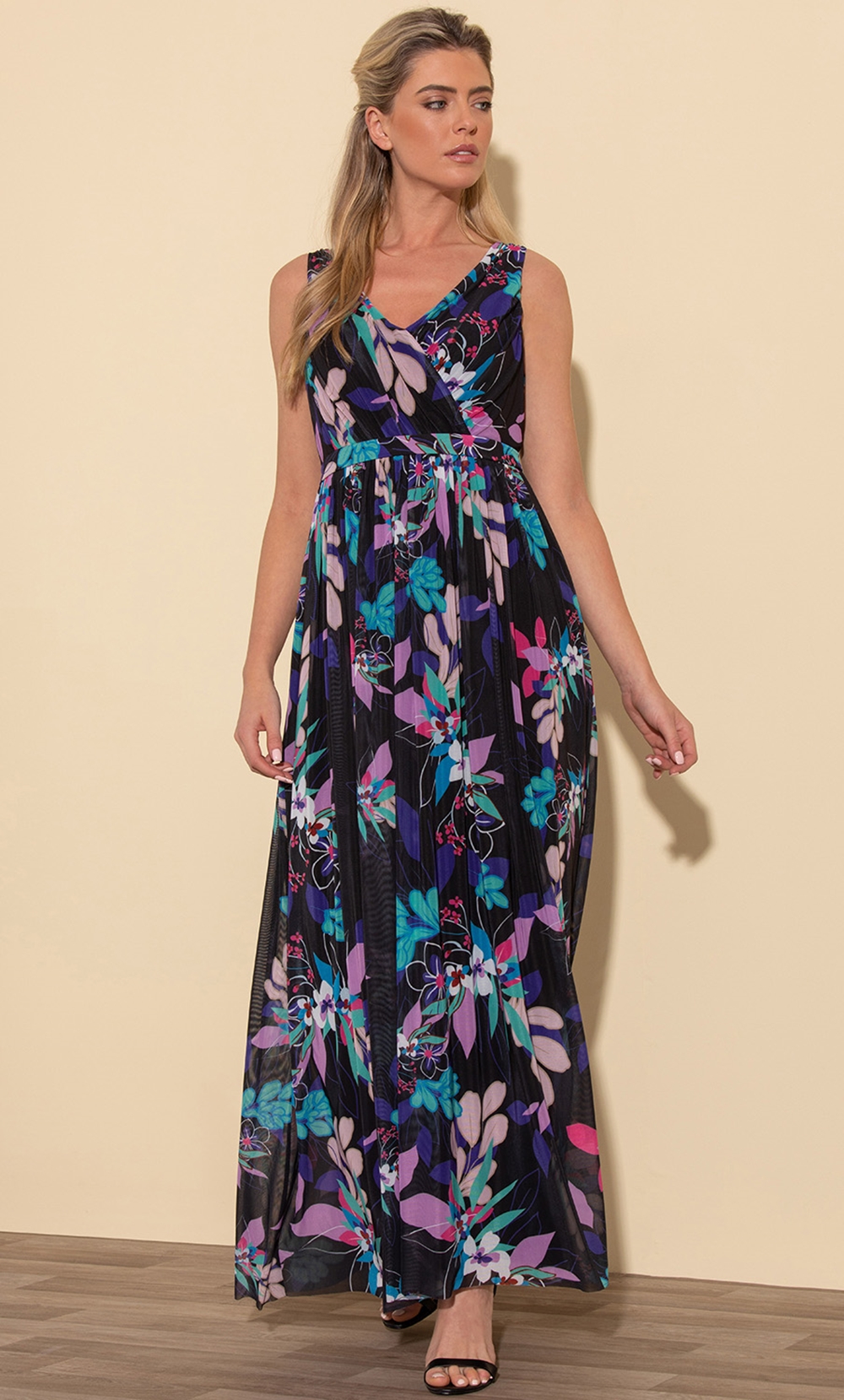 Klass Bold Floral Print Mesh Maxi Dress Black/Purple/Multi Women’s