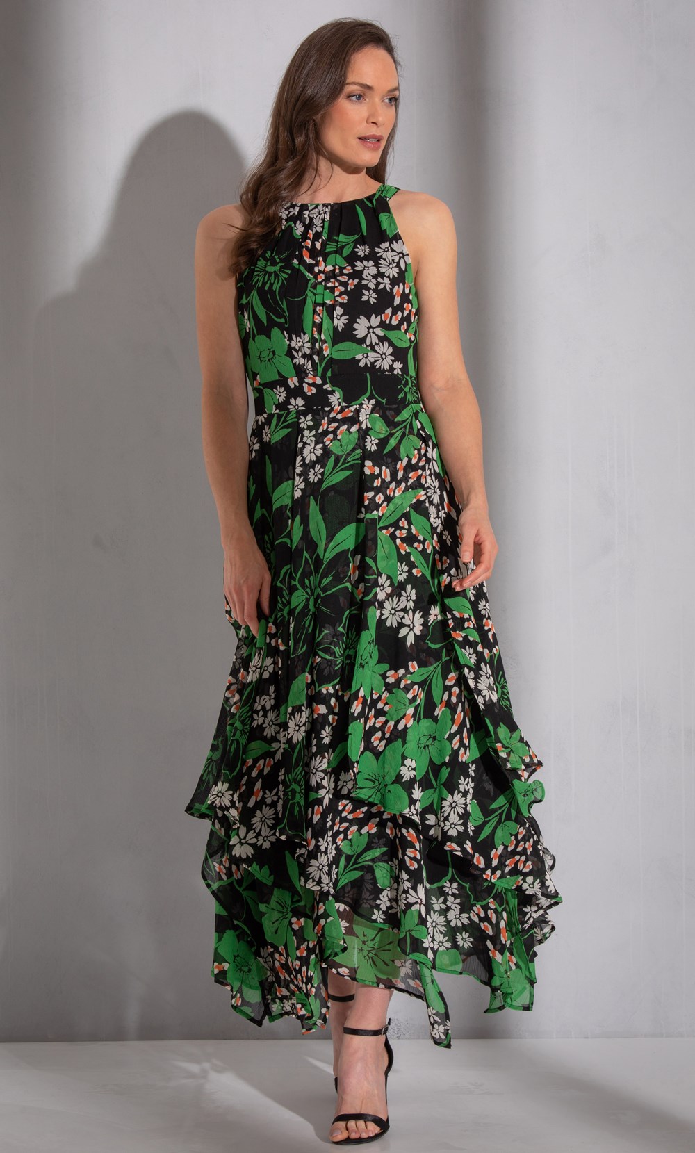 Brands - Klass Floral Printed Chiffon Layered Maxi Dress Black/Green/Multi Women’s