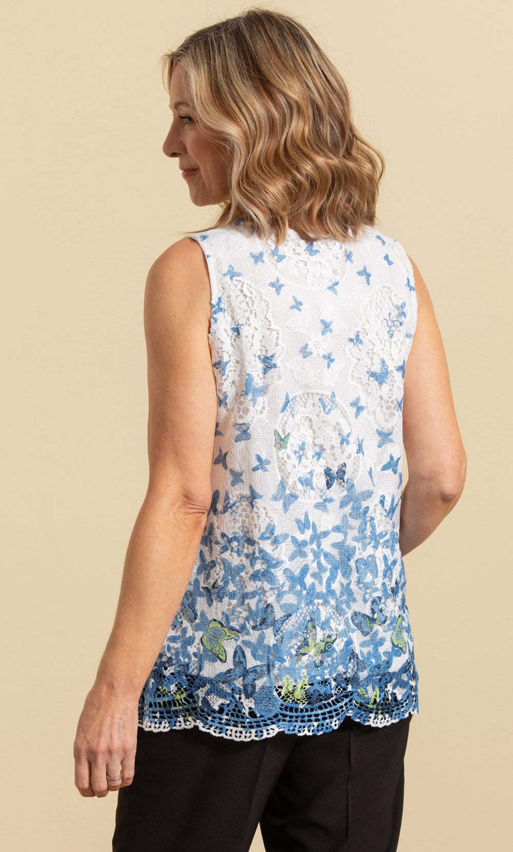 Anna Rose Butterfly Print Sleeveless Lace Top