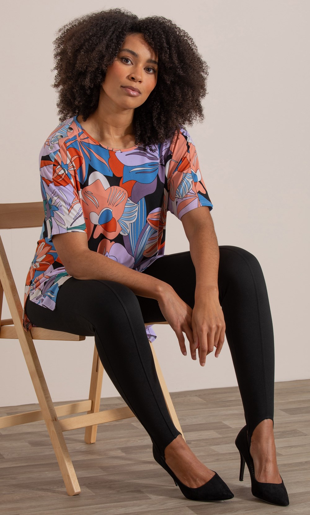 Brands - Klass Bold Floral Printed Asymmetric Top Black/Lilac/Pumpkin Women’s