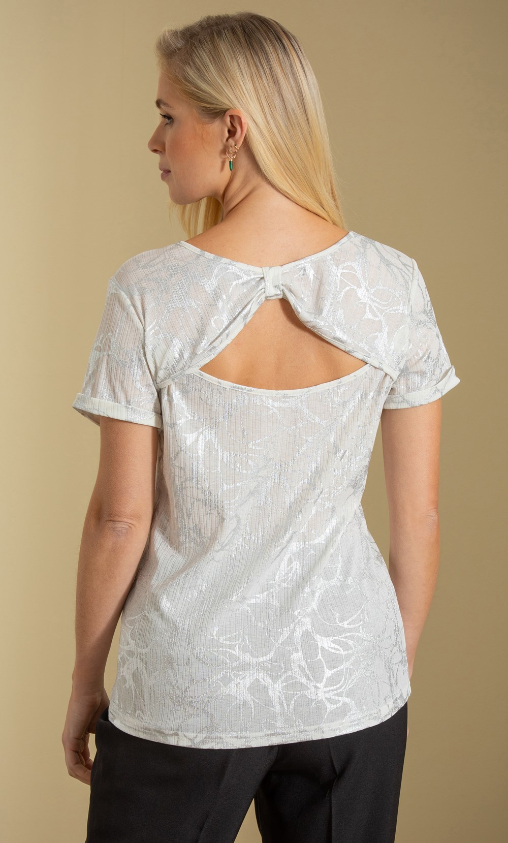 Foil Printed Short Sleeve Cut Out Back Top
