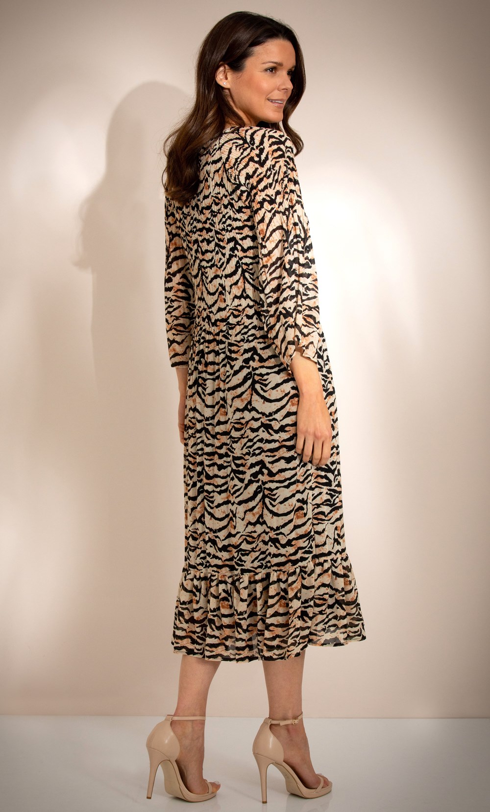 Animal Printed Pleated Chiffon Midi Dress