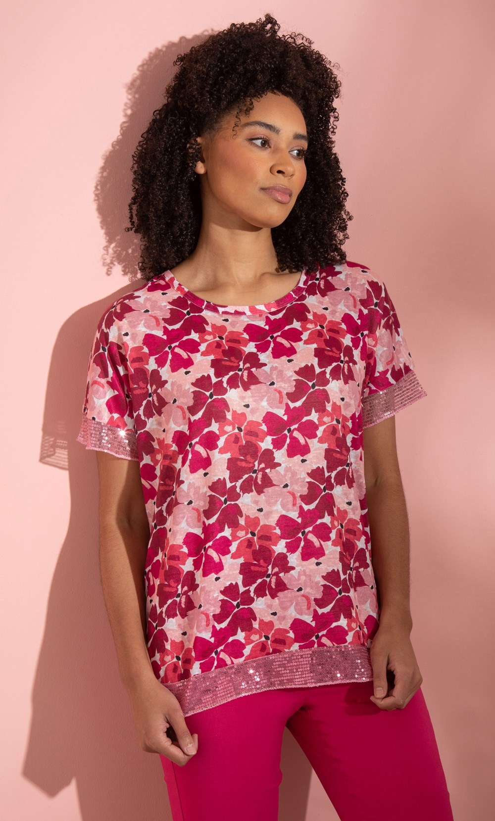 Klass Embellished Lightweight Floral Print Knit Top Pinks Women’s