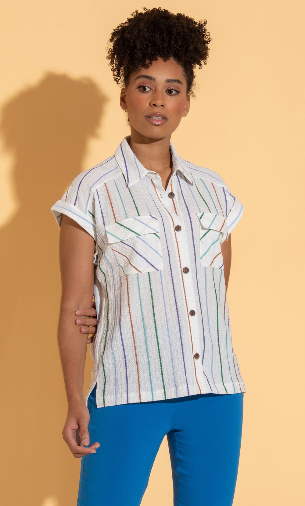 Brands - Klass Striped Short Sleeve Blouse White/Green/Multi Women’s