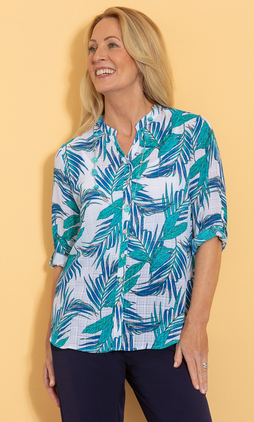 Anna Rose Leaf Printed Blouse With Necklace