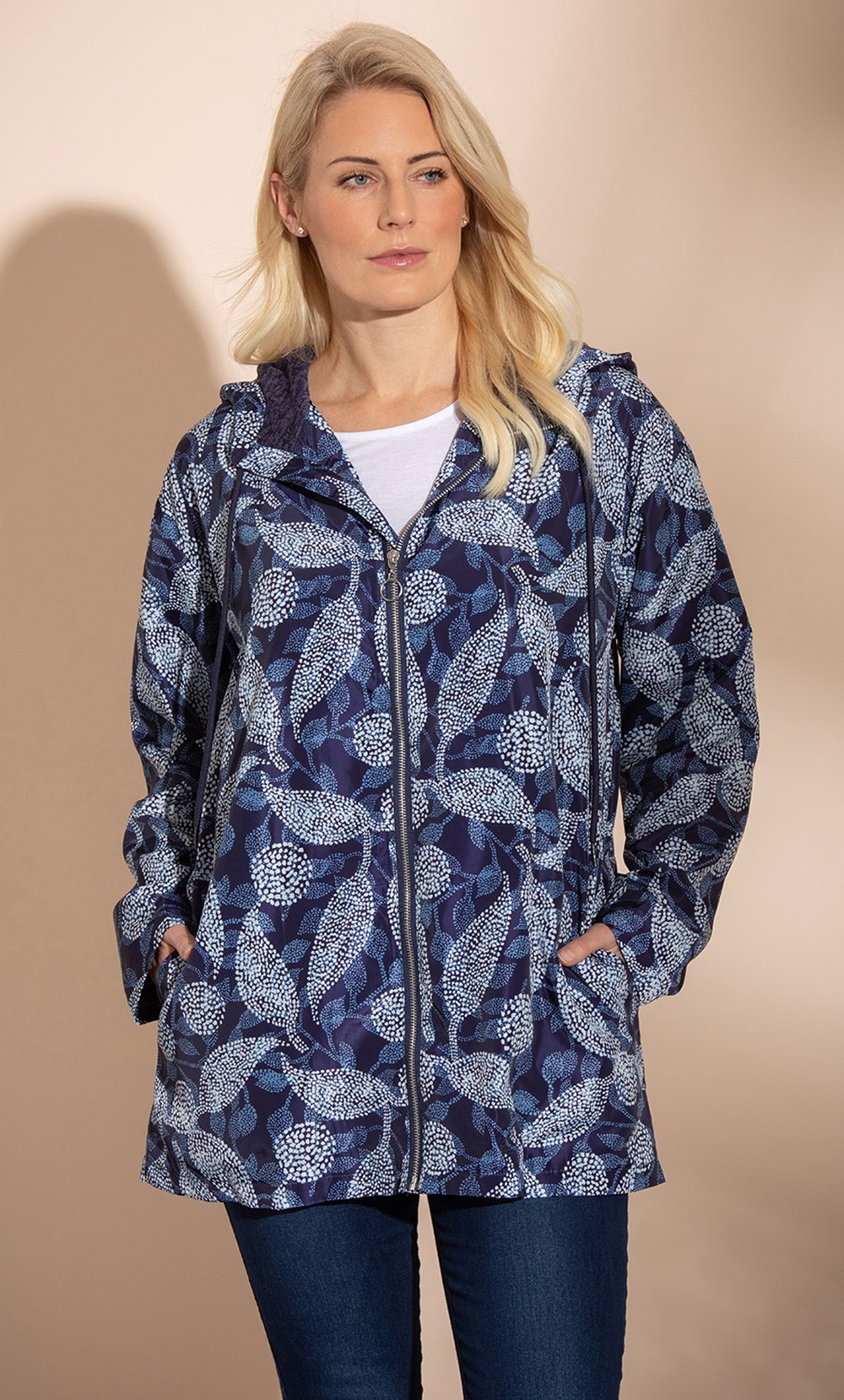 Brands - Klass Leaf Printed Lightweight Hooded Jacket Navy Women’s