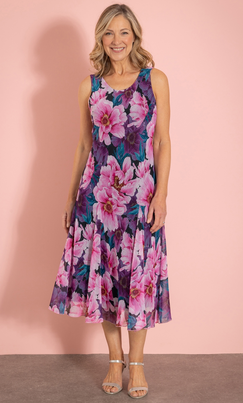 Anna Rose Bold Floral Print Midi Dress in Pink | Klass