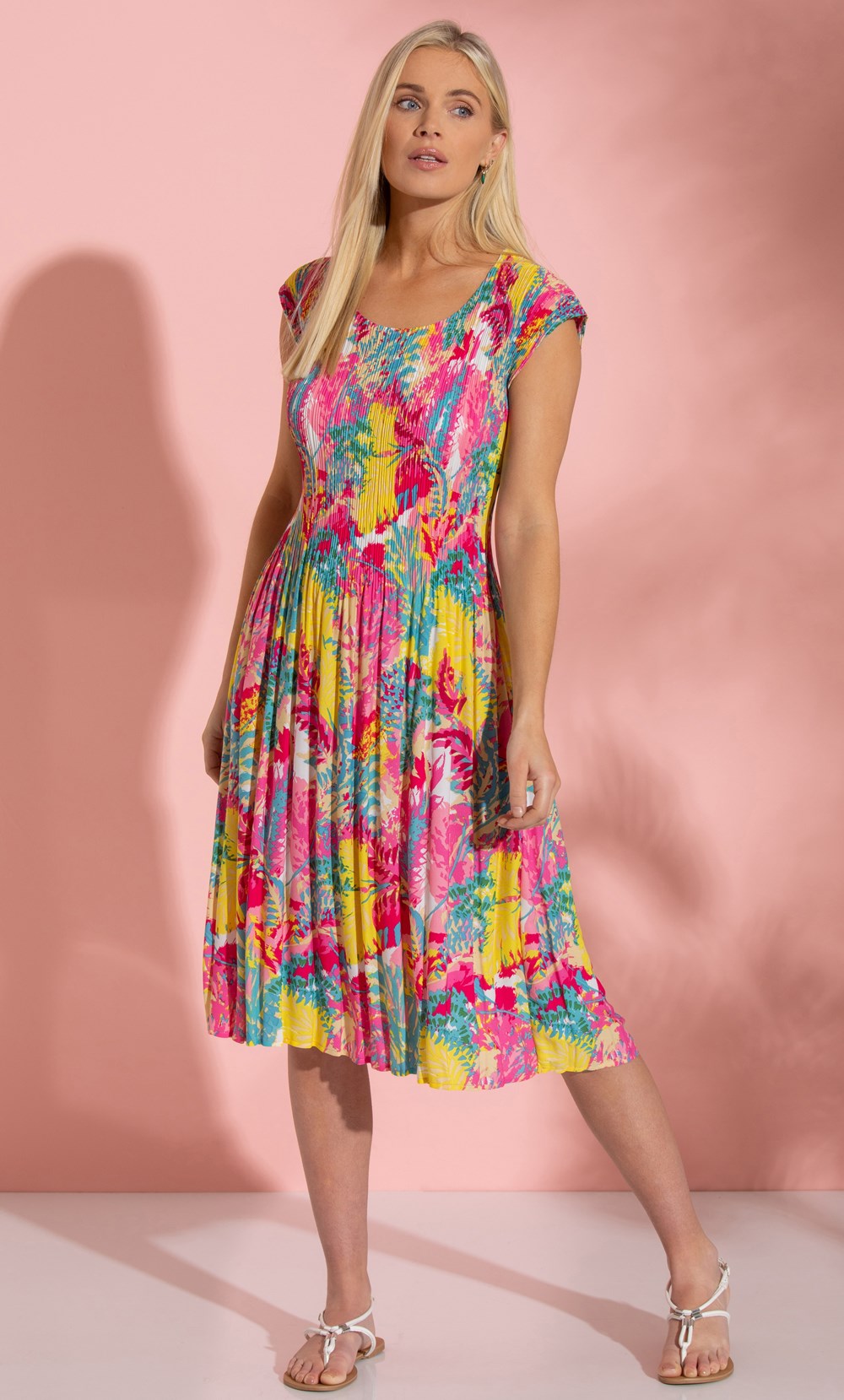Garden Print Pleated Chiffon Dress in Pink | Klass