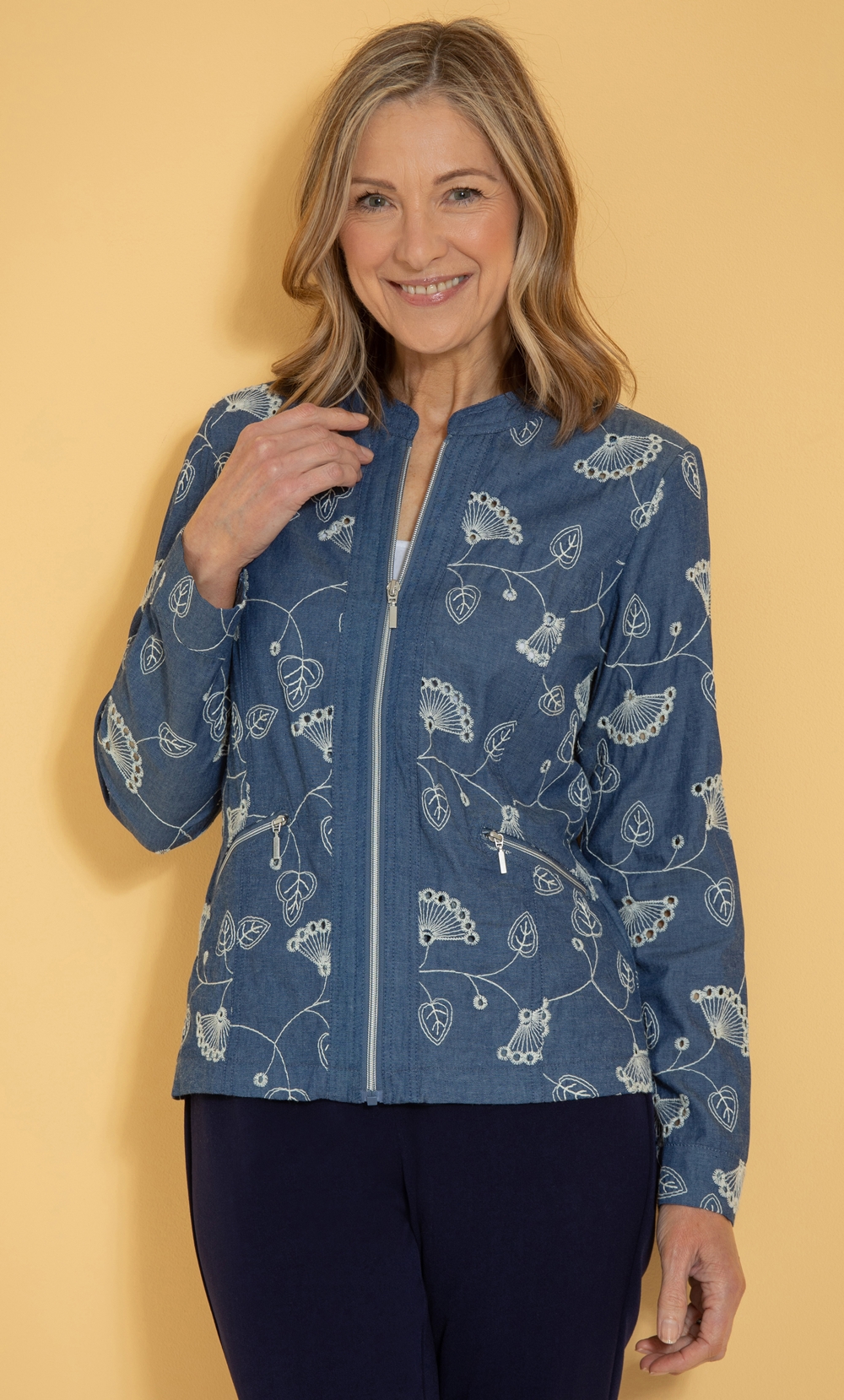 Anna Rose Broderie Anglaise Zip Jacket in Blue | Klass