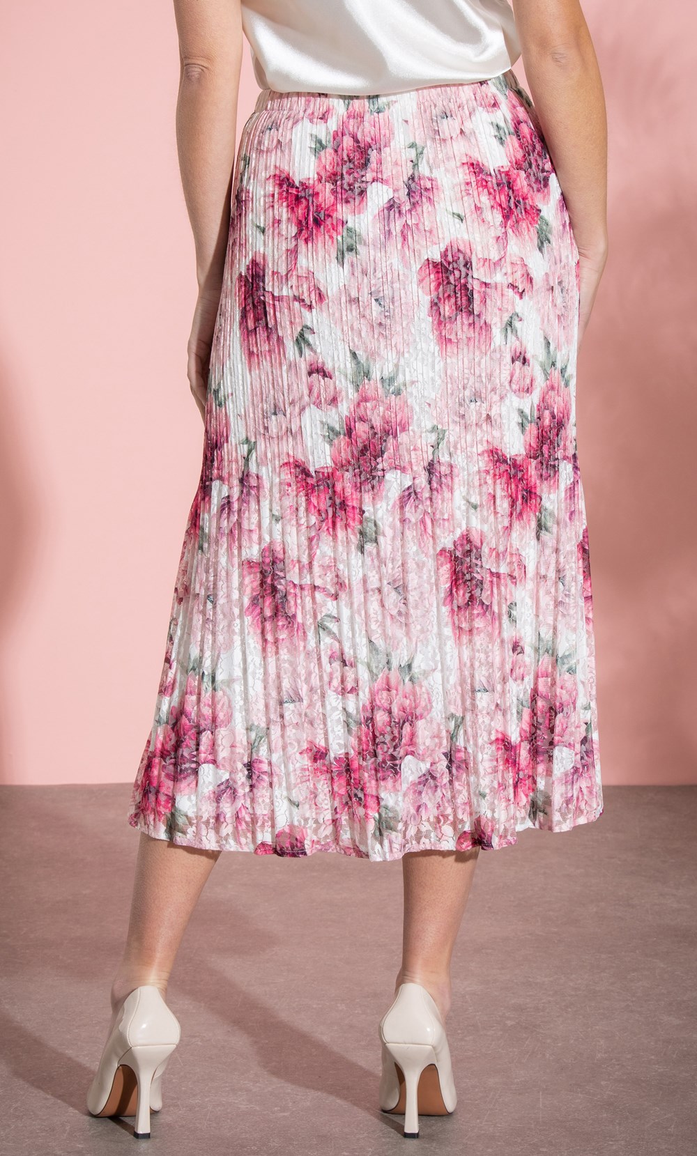 Bouquet Print Lace Pleated Midi Skirt