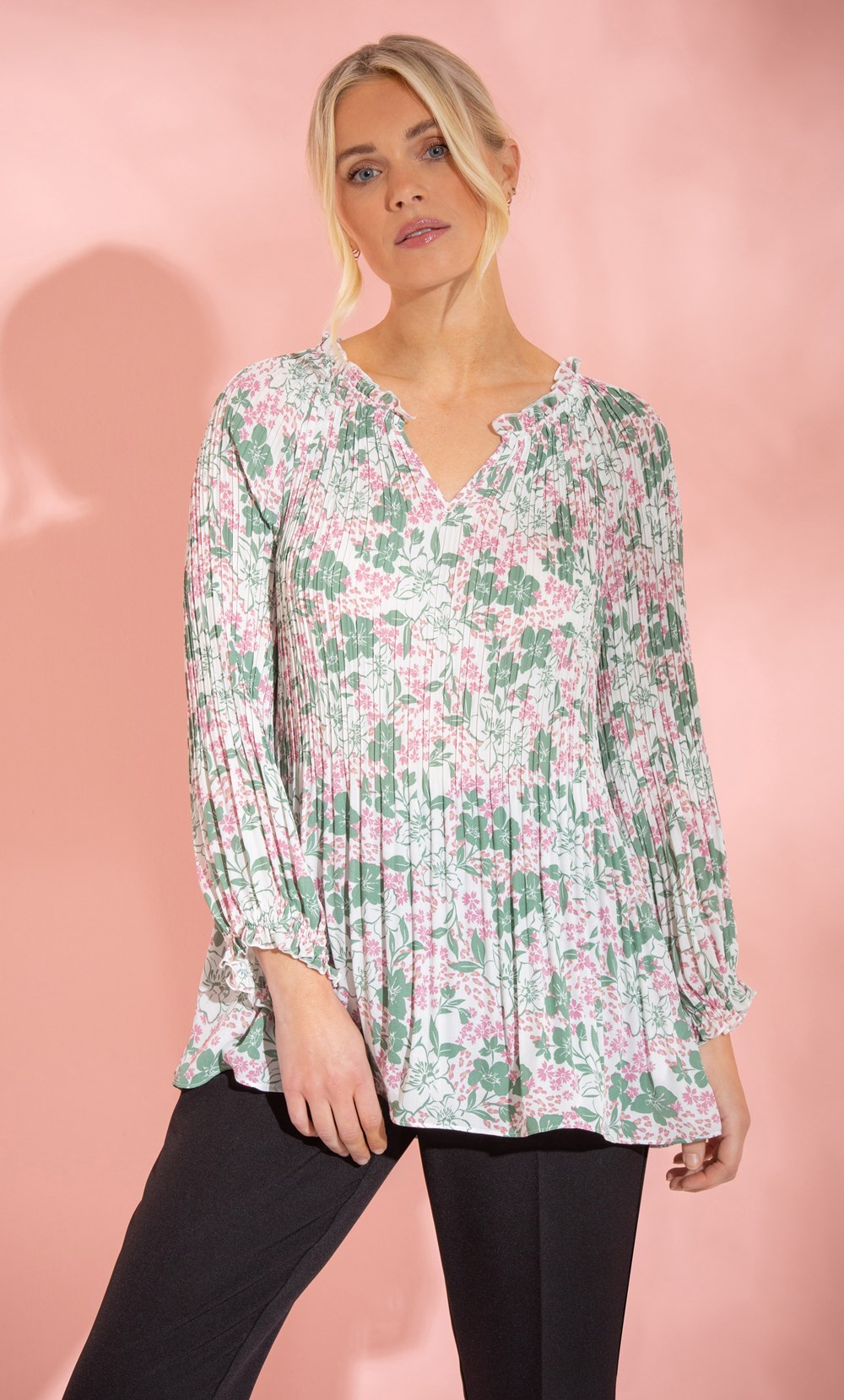 Brands - Klass Garden Print Pleated Georgette Top Ivory/Green/Pink Women’s
