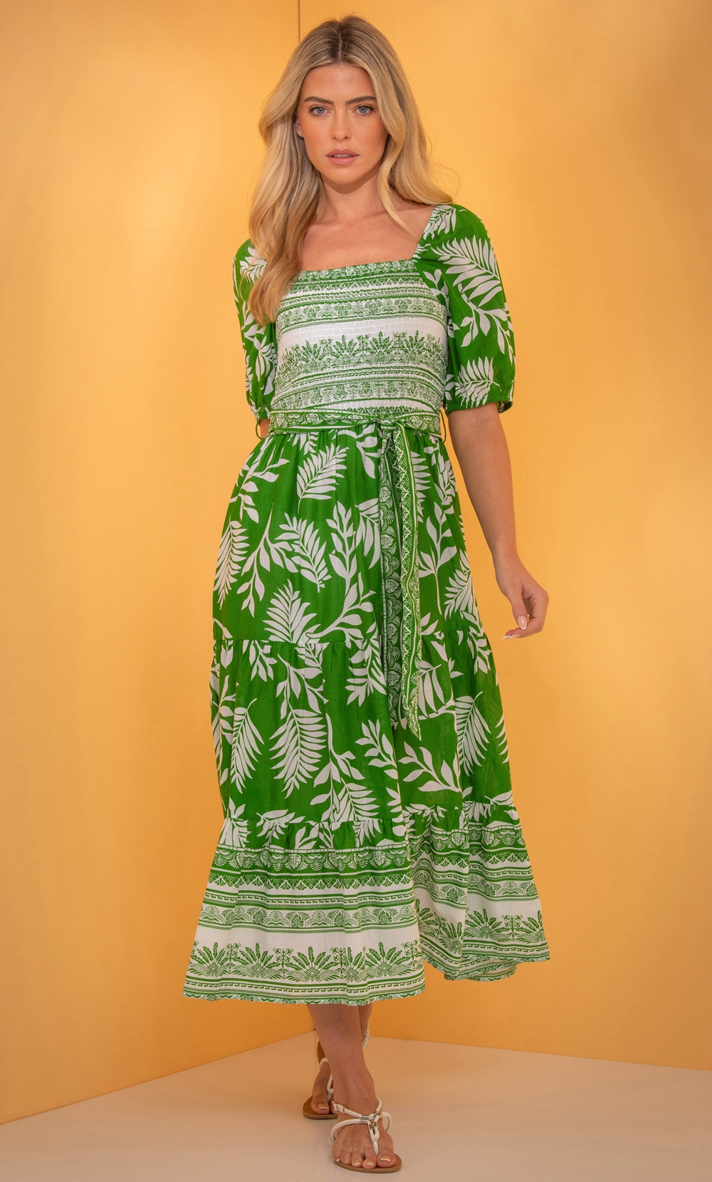 Klass Leaf Print Smocked Body Midaxi Dress Green/White Women’s