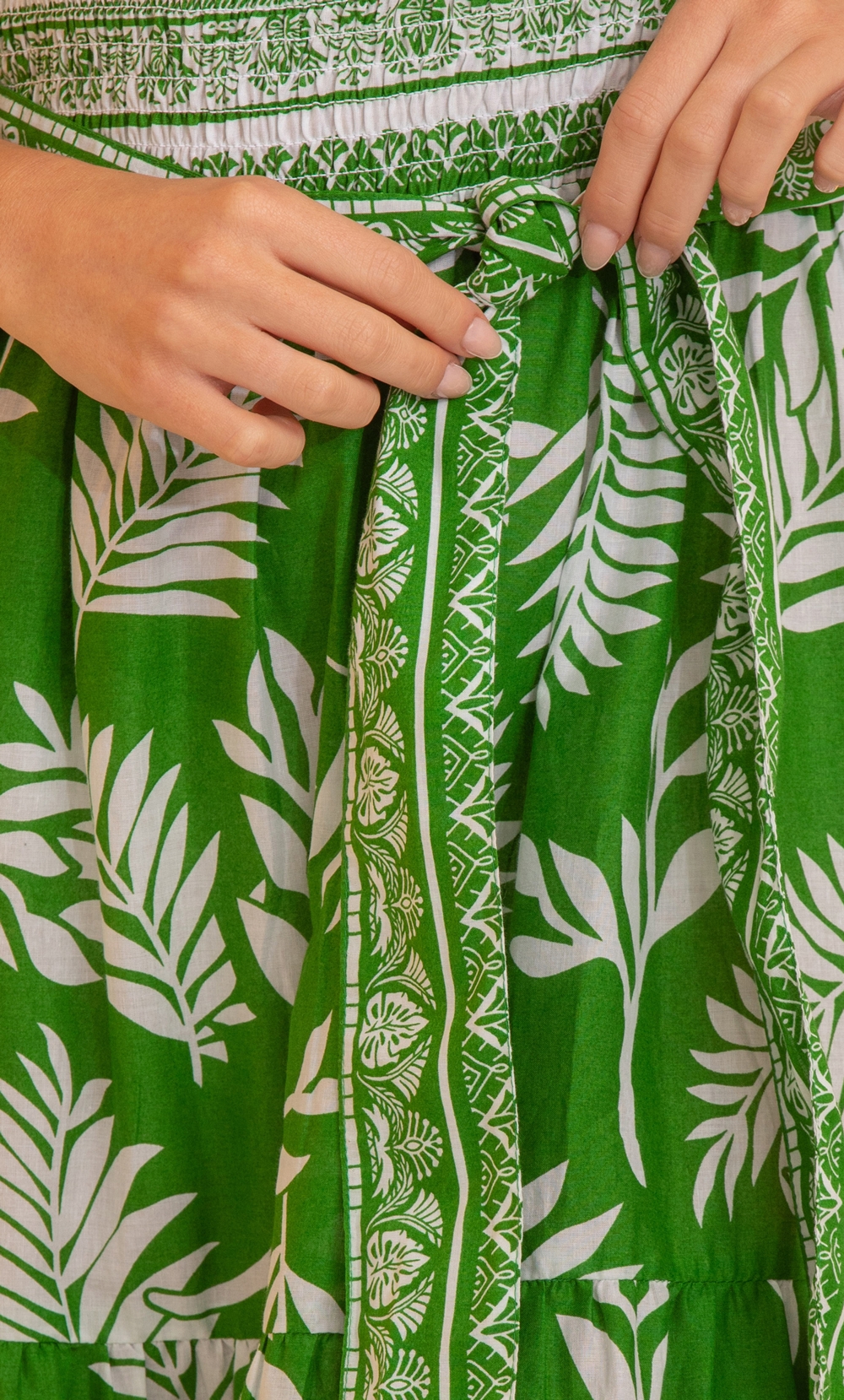 Leaf Print Smocked Body Midaxi Dress