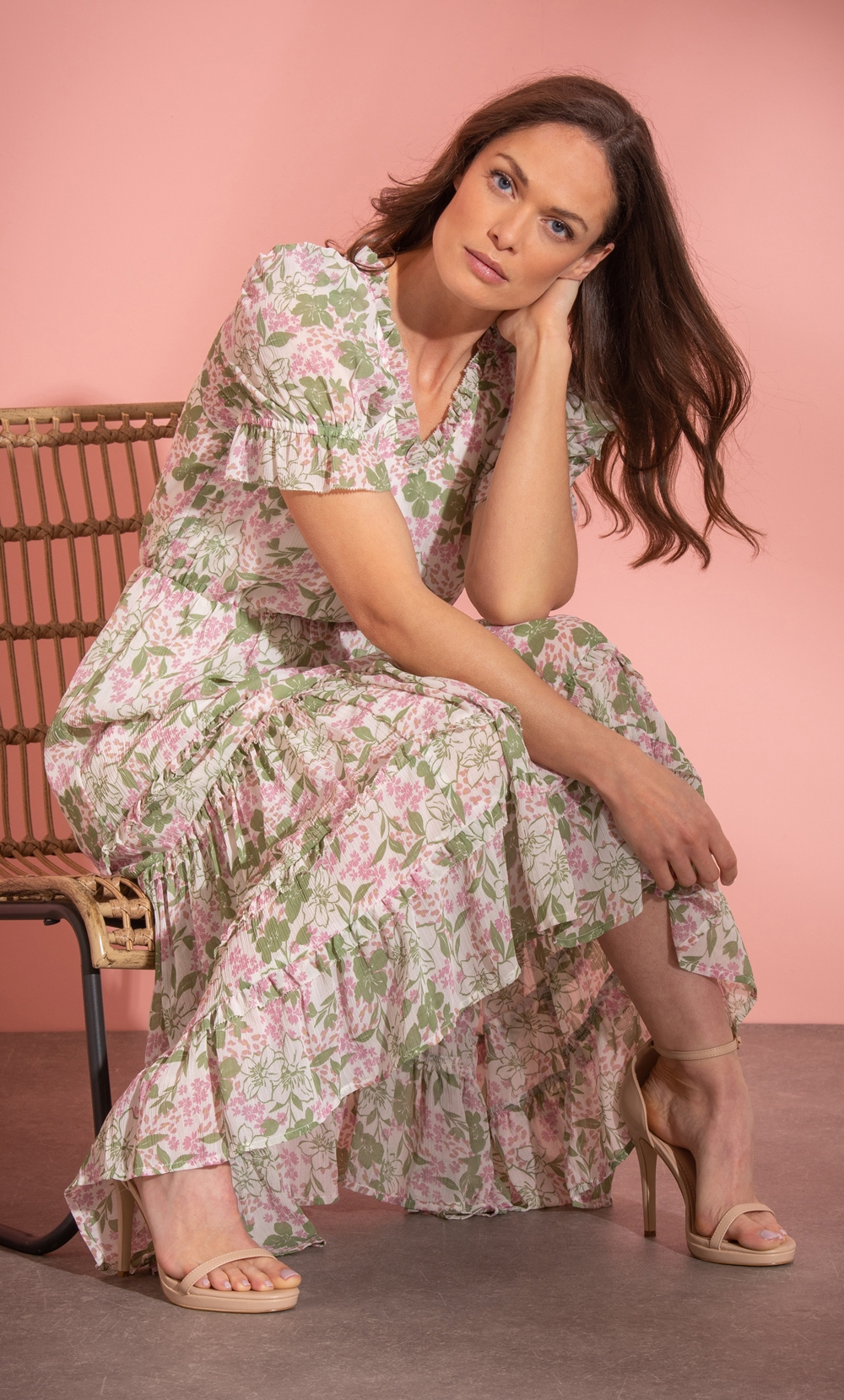 Brands - Klass Botanical Printed Tiered Chiffon Midaxi Dress Ivory/Green/Pink Women’s