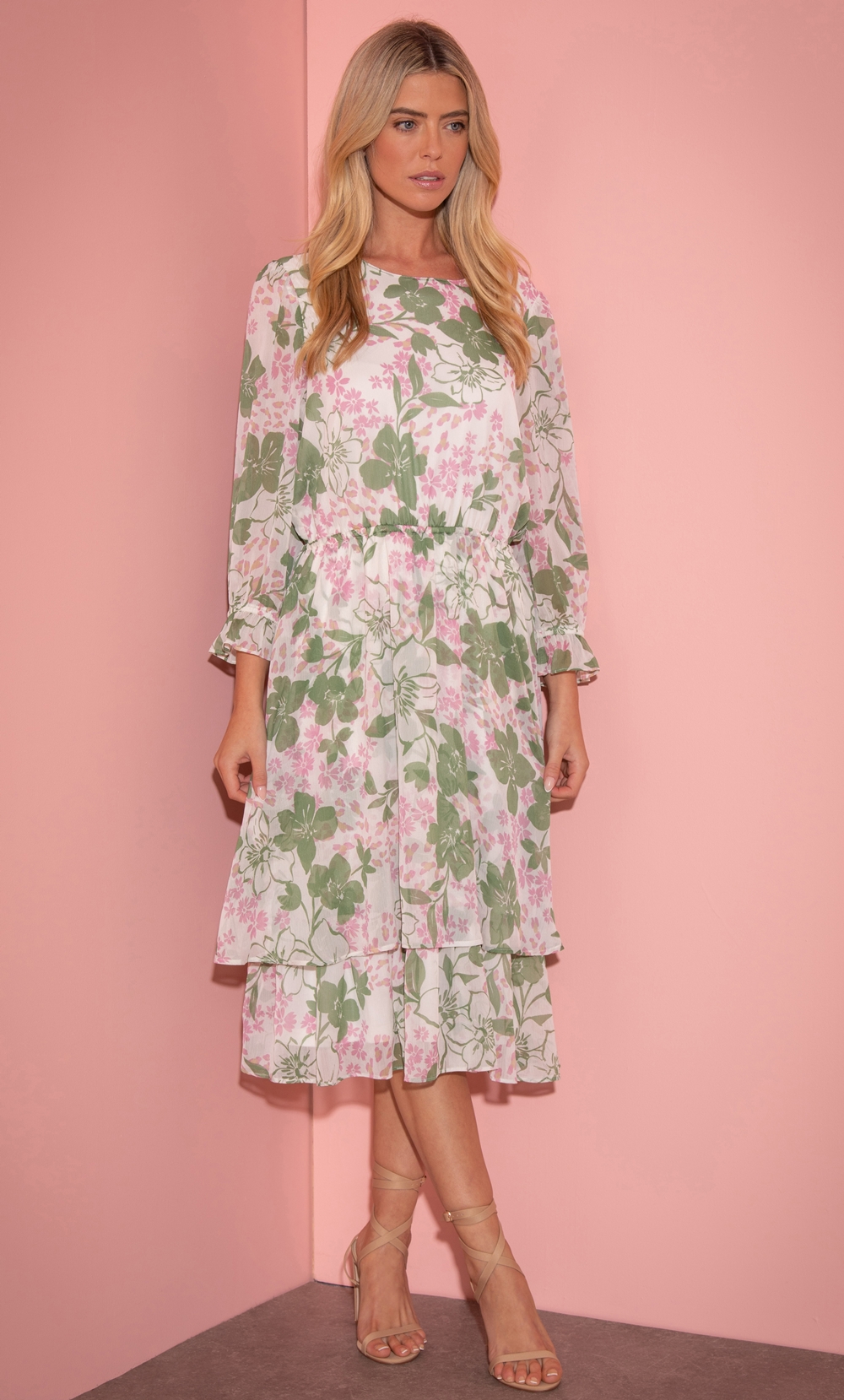 Klass Botanical Printed Midi Dress Ivory/Green/Pink Women’s
