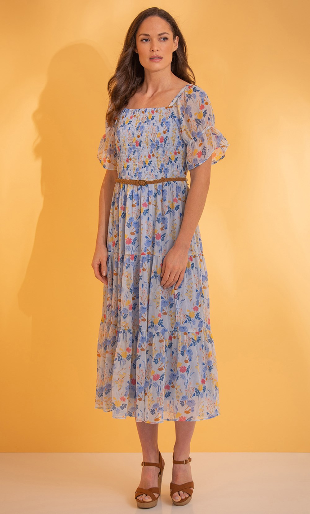 Belted Smocked Garden Print Midaxi Dress