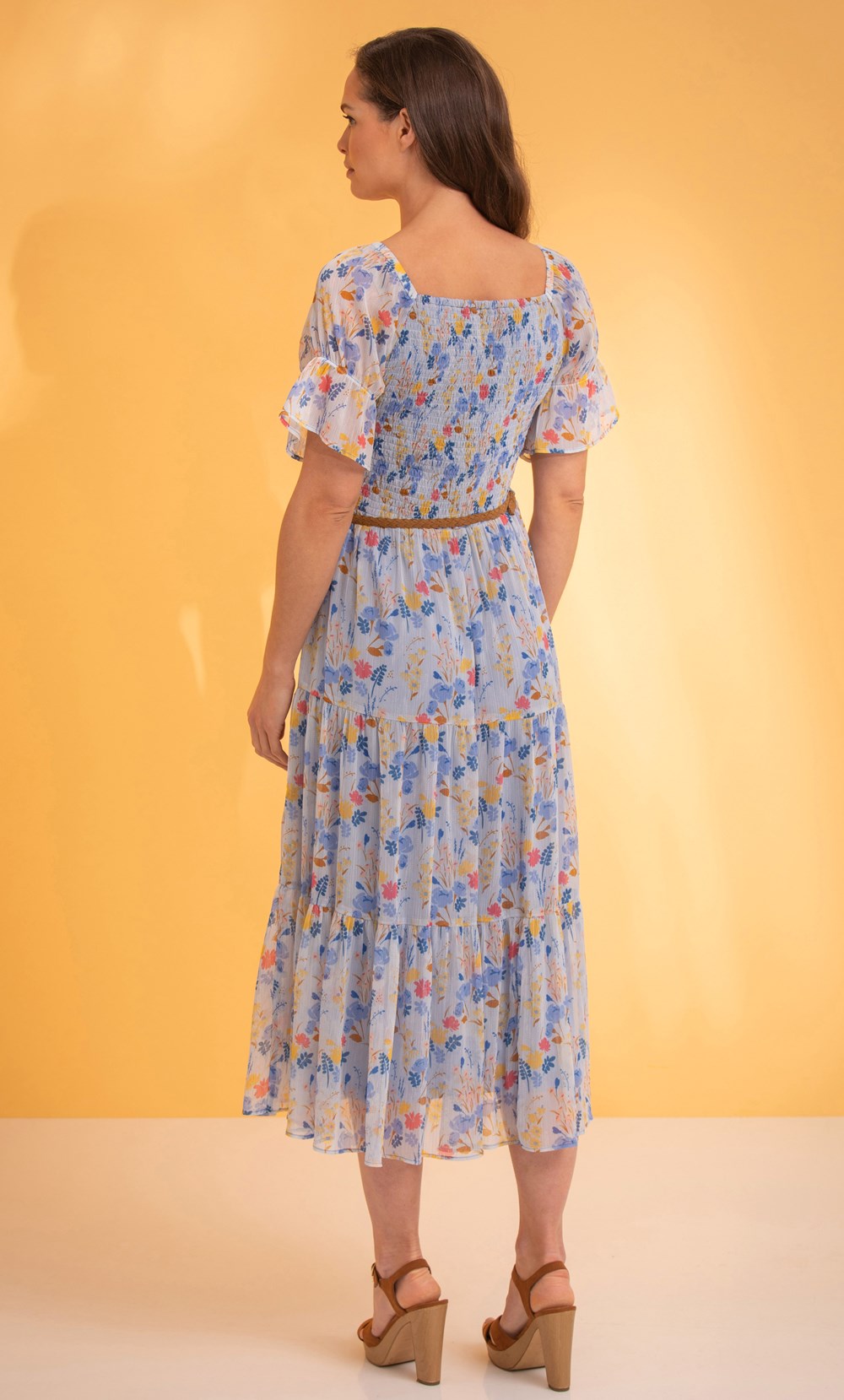 Belted Smocked Garden Print Midaxi Dress