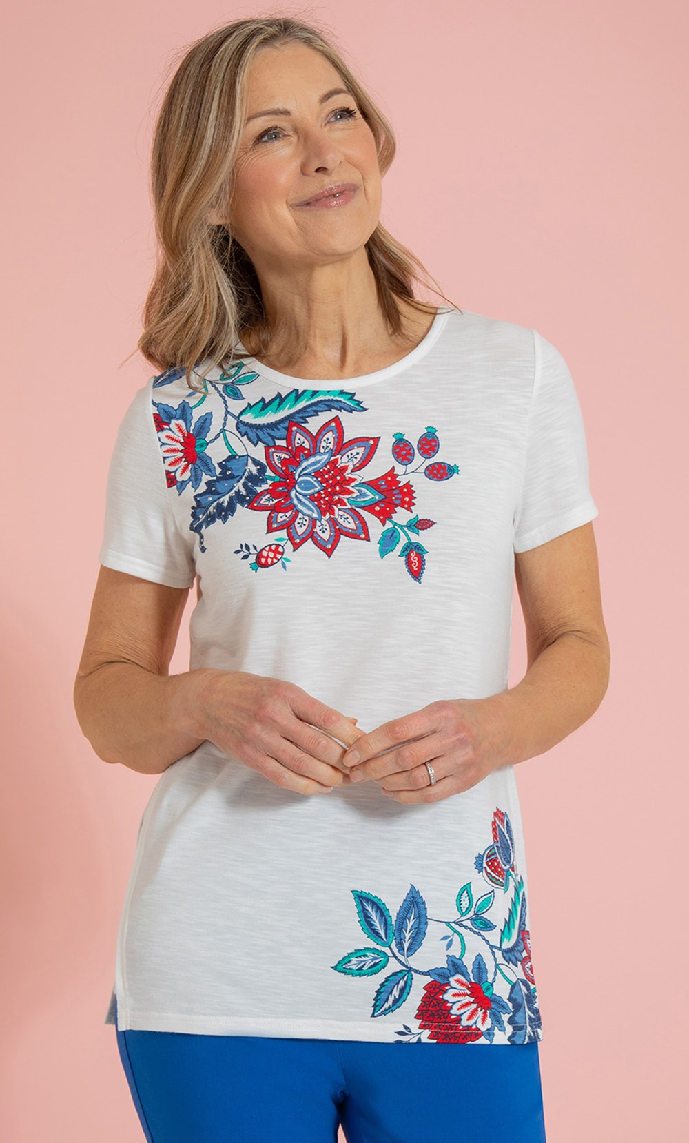Anna Rose Embellished Placement Print Top in White | Klass