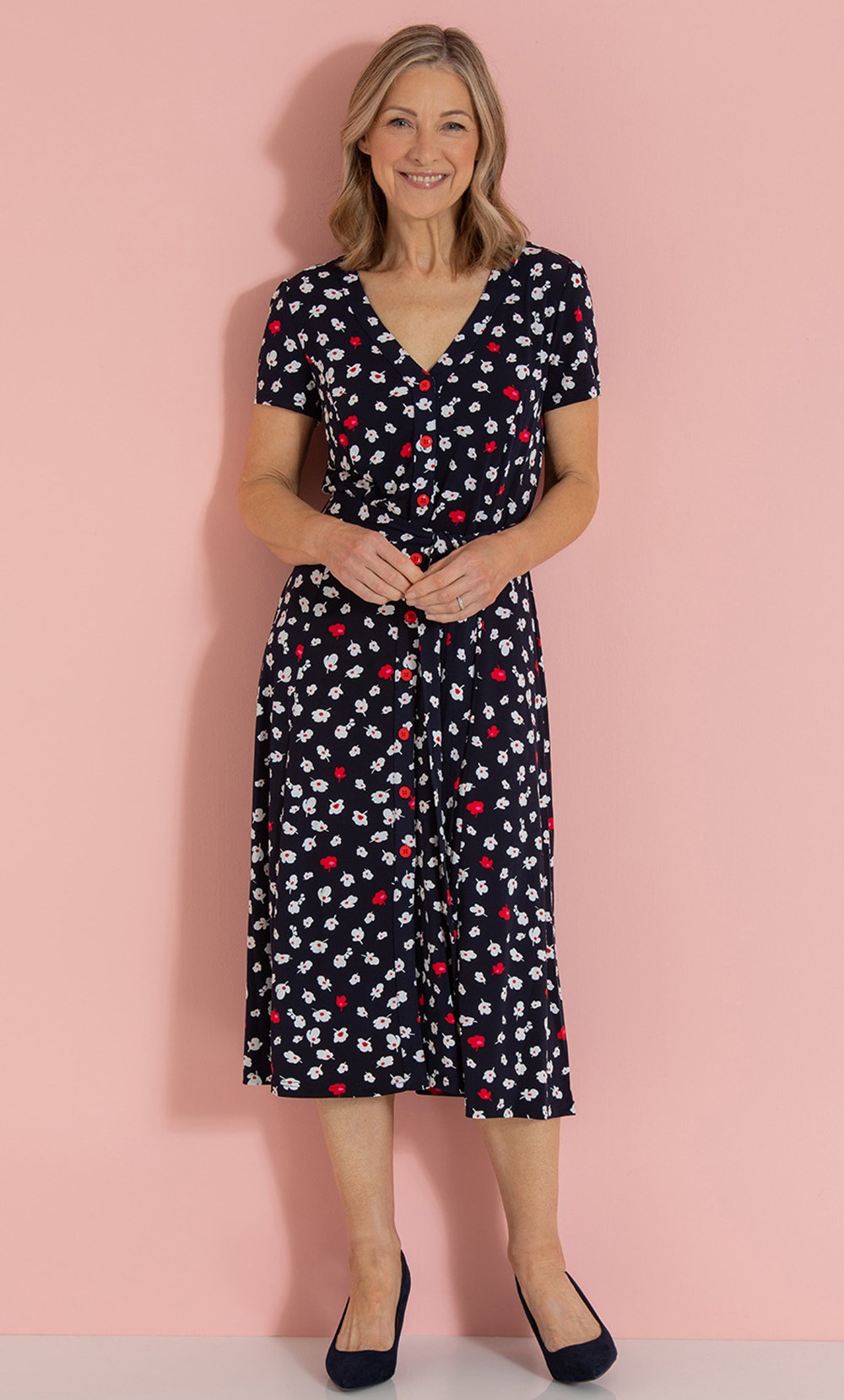 Anna Rose Floral Print Textured Jersey Button Dress in Blue | Klass