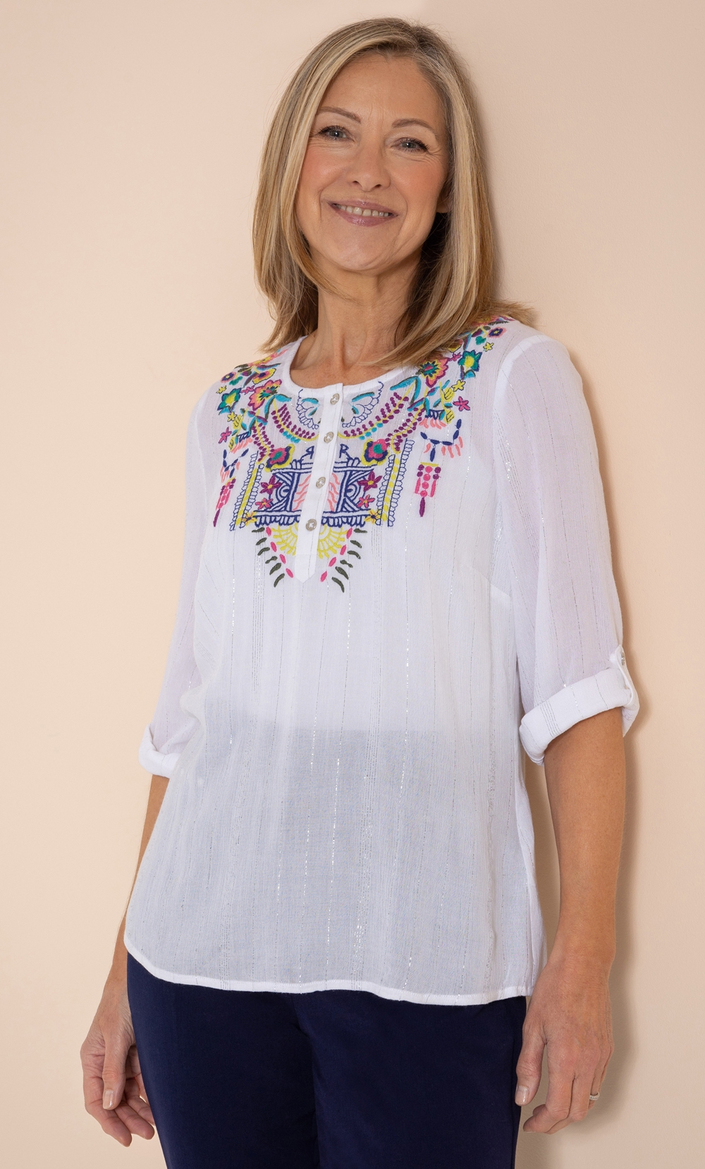 Anna Rose Embroidered Shimmer Top White/Multi Women’s