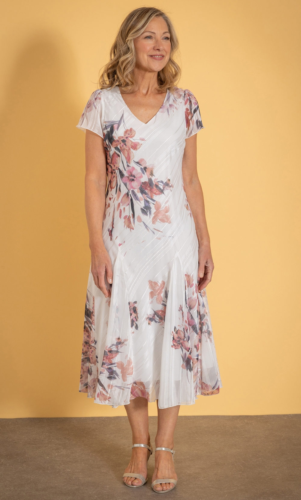 Anna Rose Bias Cut Floral Print Midi Dress in Ivory | Klass