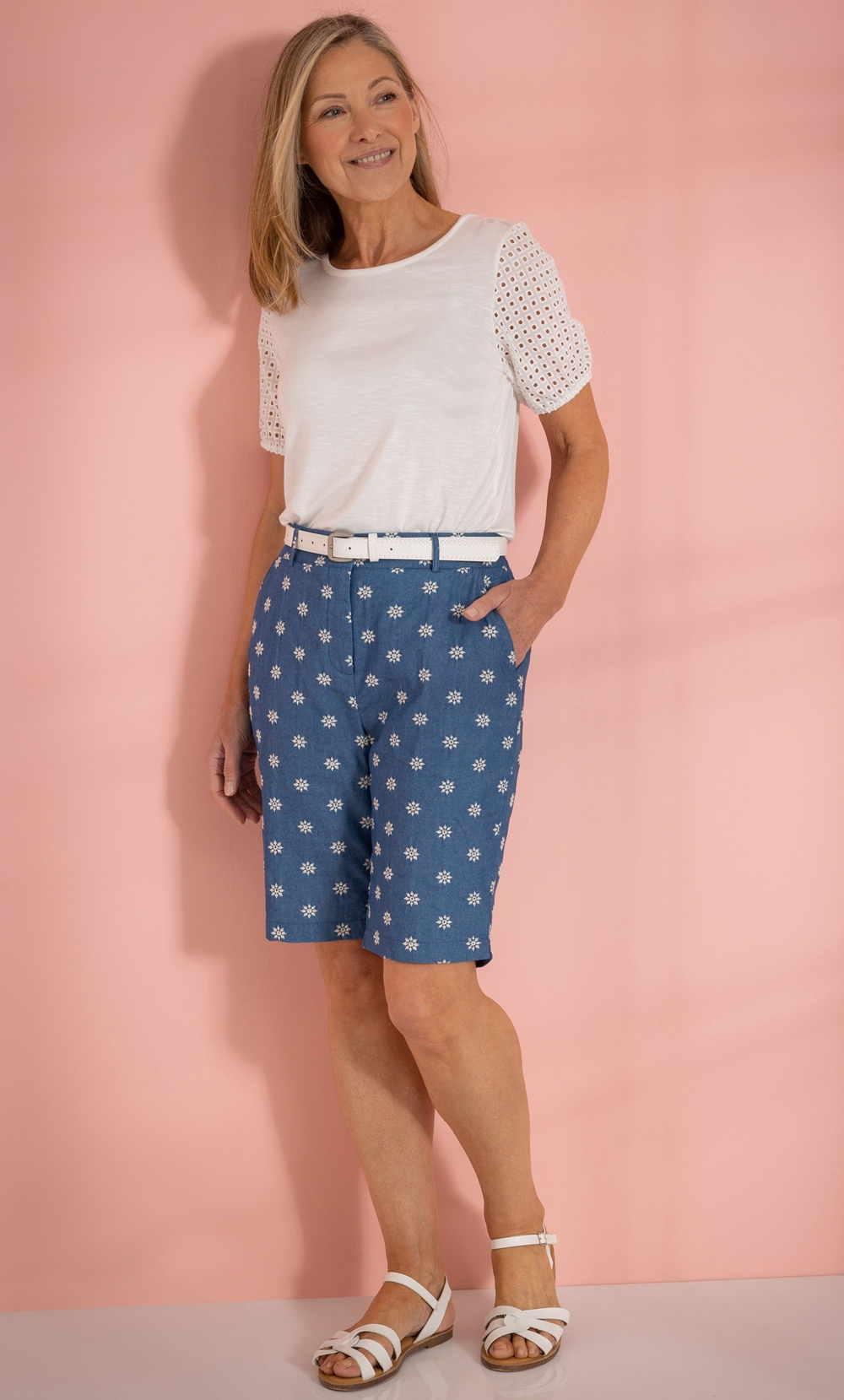 Anna Rose Embroidered Belted Cotton Shorts