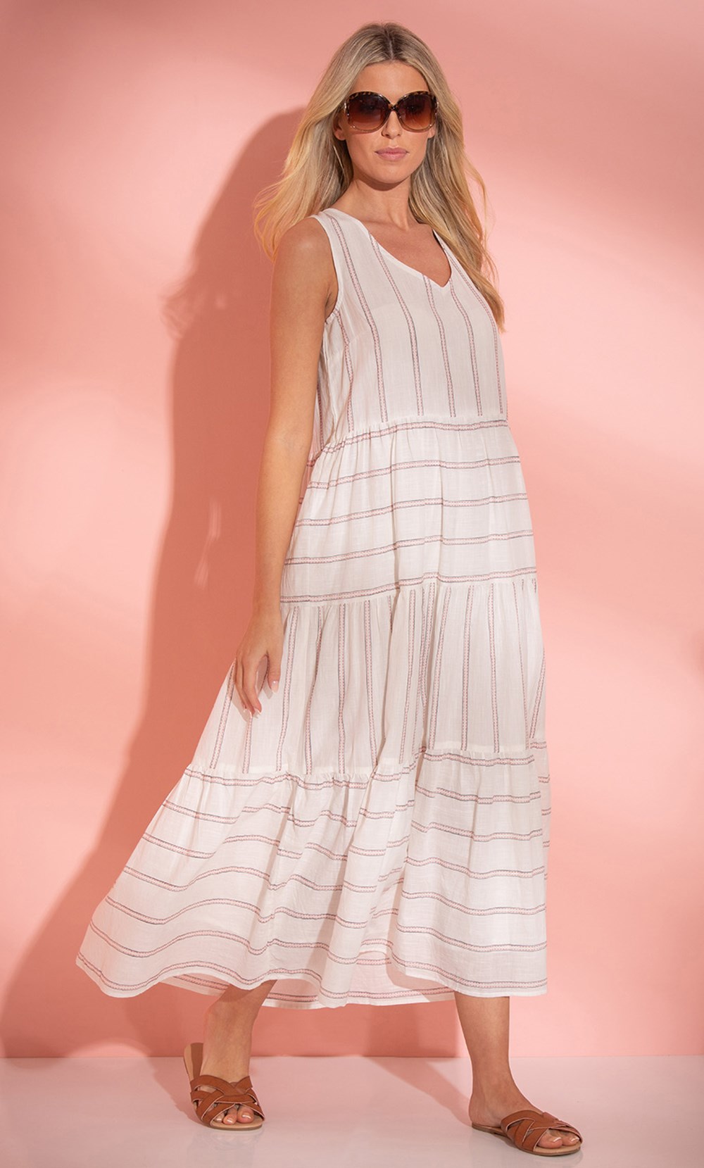 Stripe Tiered Cotton Boho Maxi Dress