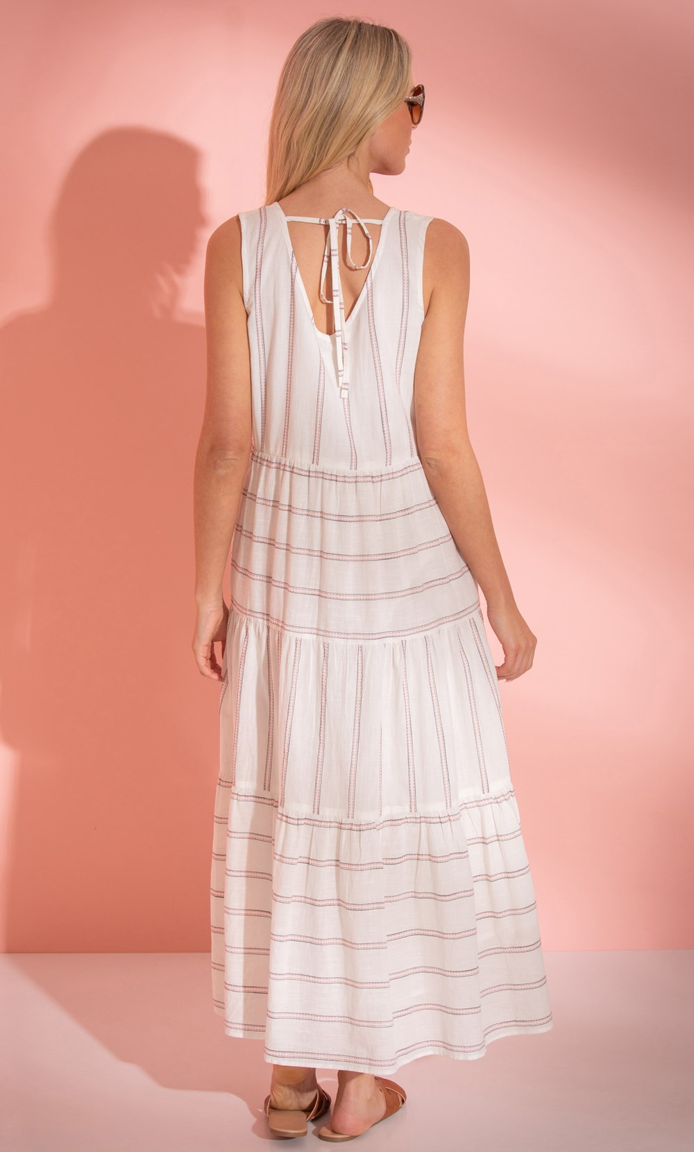 Stripe Tiered Cotton Boho Maxi Dress in White