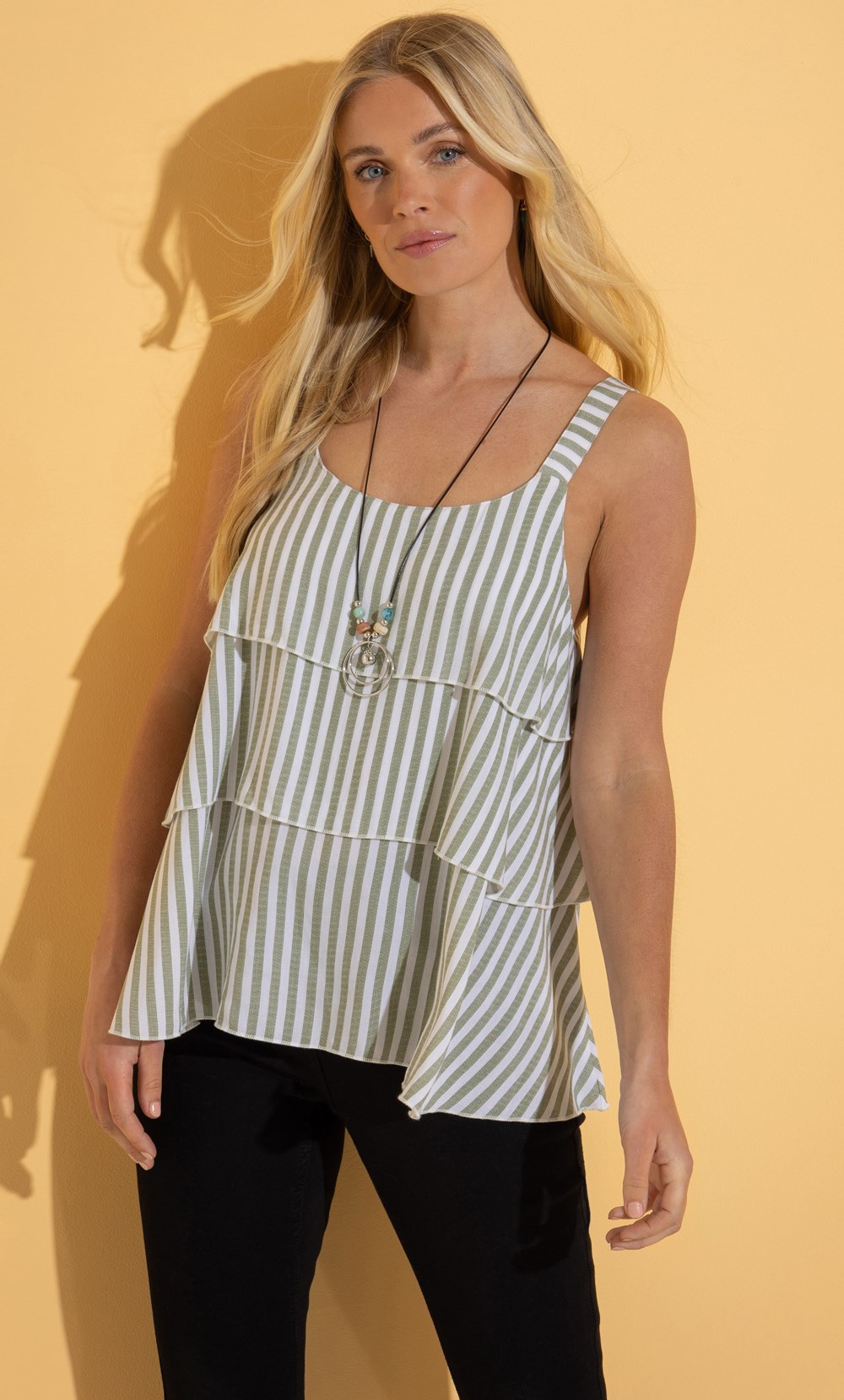 Brands - Klass Tiered Striped  Strappy Top With Necklace White/Khaki Women’s