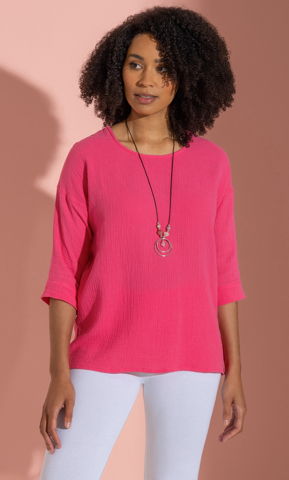 Loose Fit Textured Cotton Top With Necklace