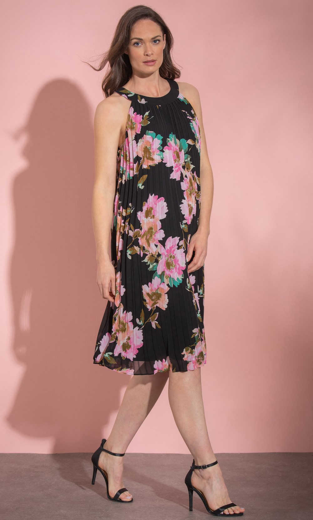 Klass Pleated Floral Print Halter Neck Dress Black/Pink Women’s