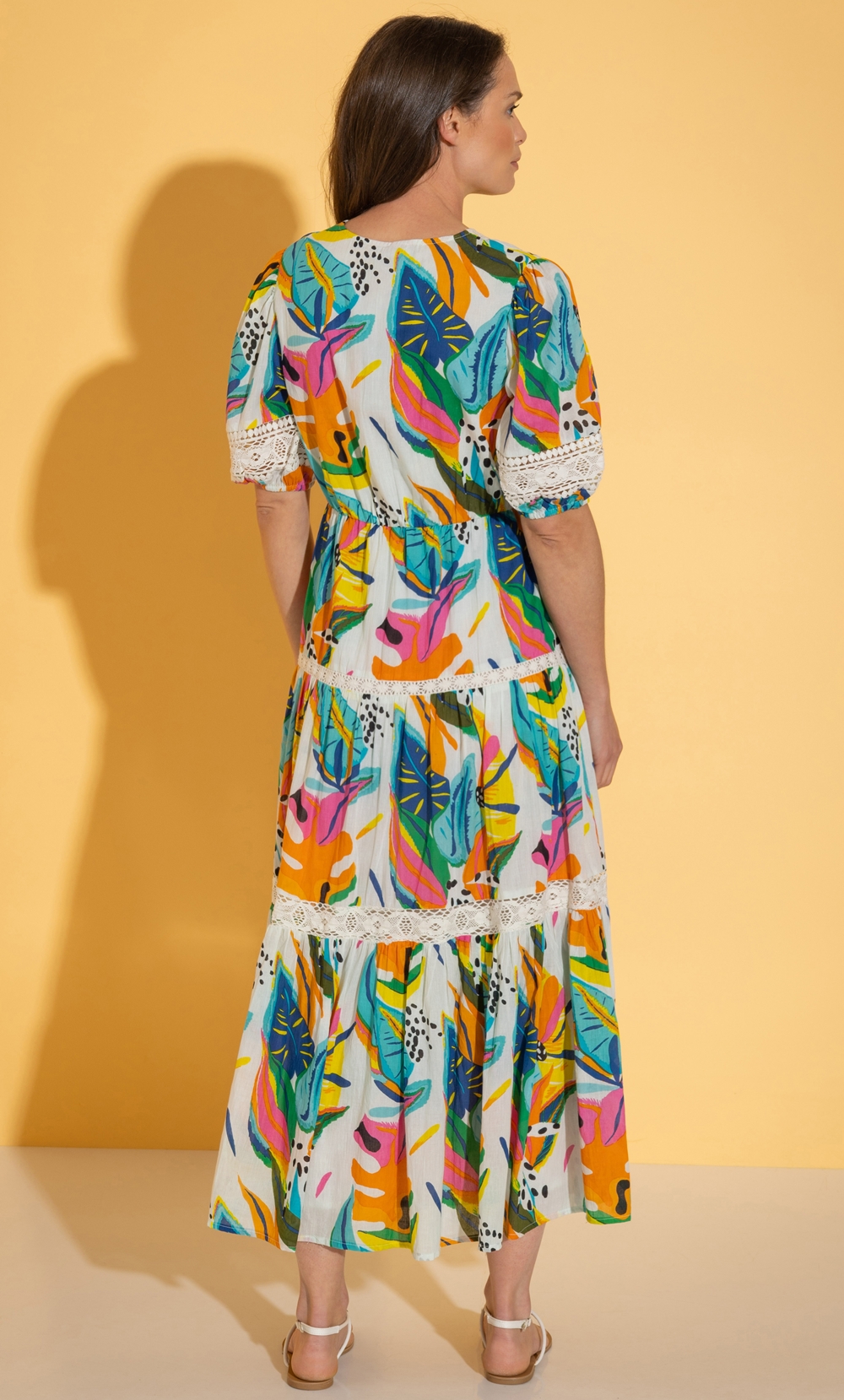 Printed Cotton Lace Trim Maxi Dress