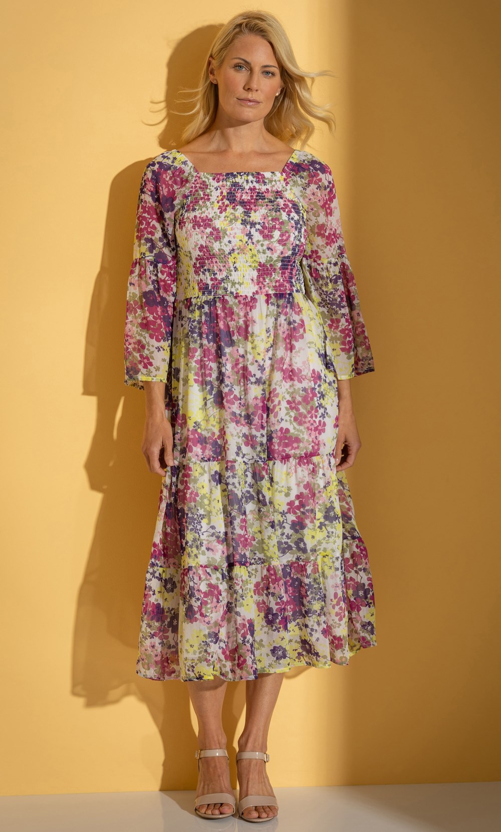 Fluted Sleeve Floral Chiffon Midaxi Dress