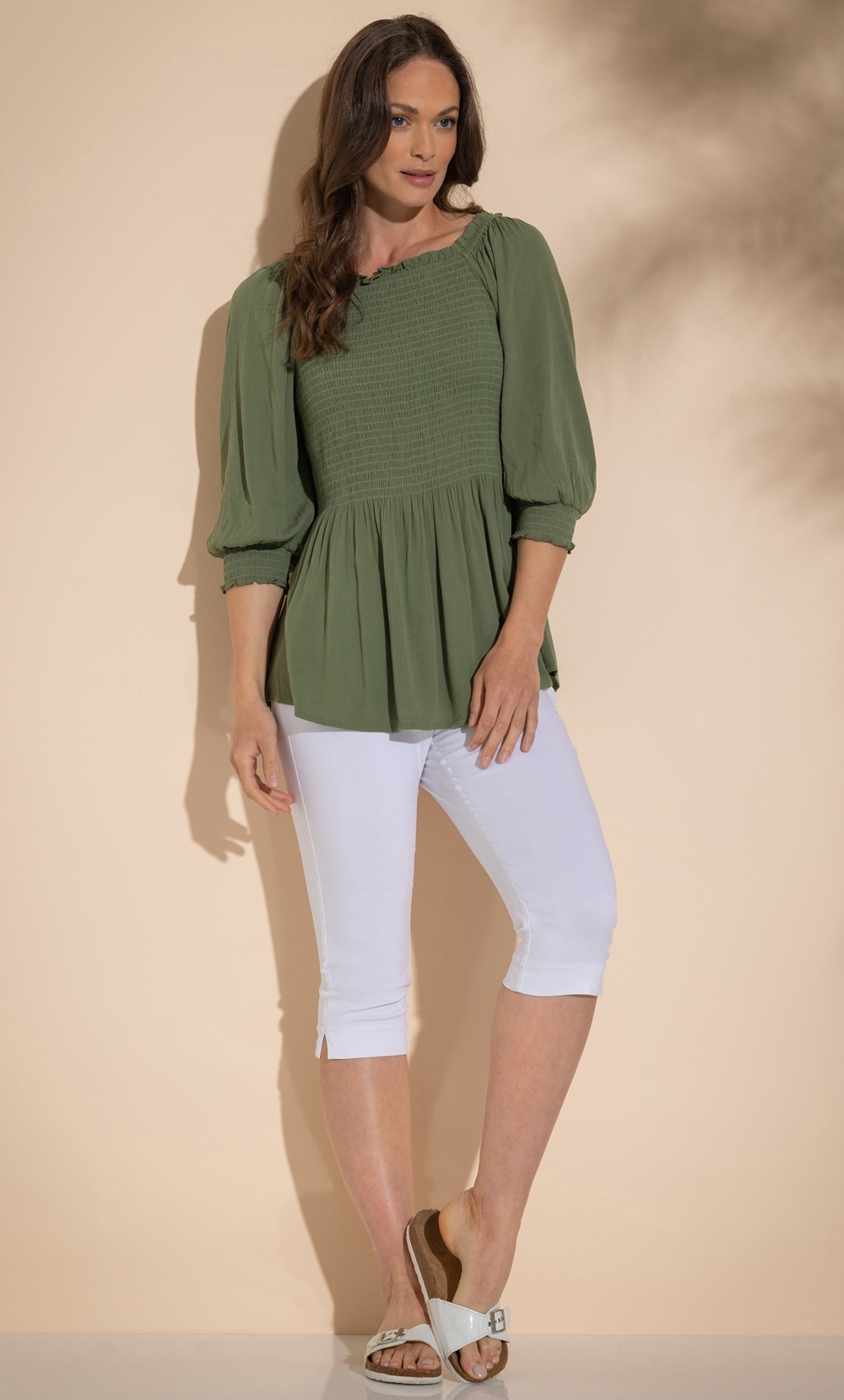 Smocked Three Quarter Sleeve Top