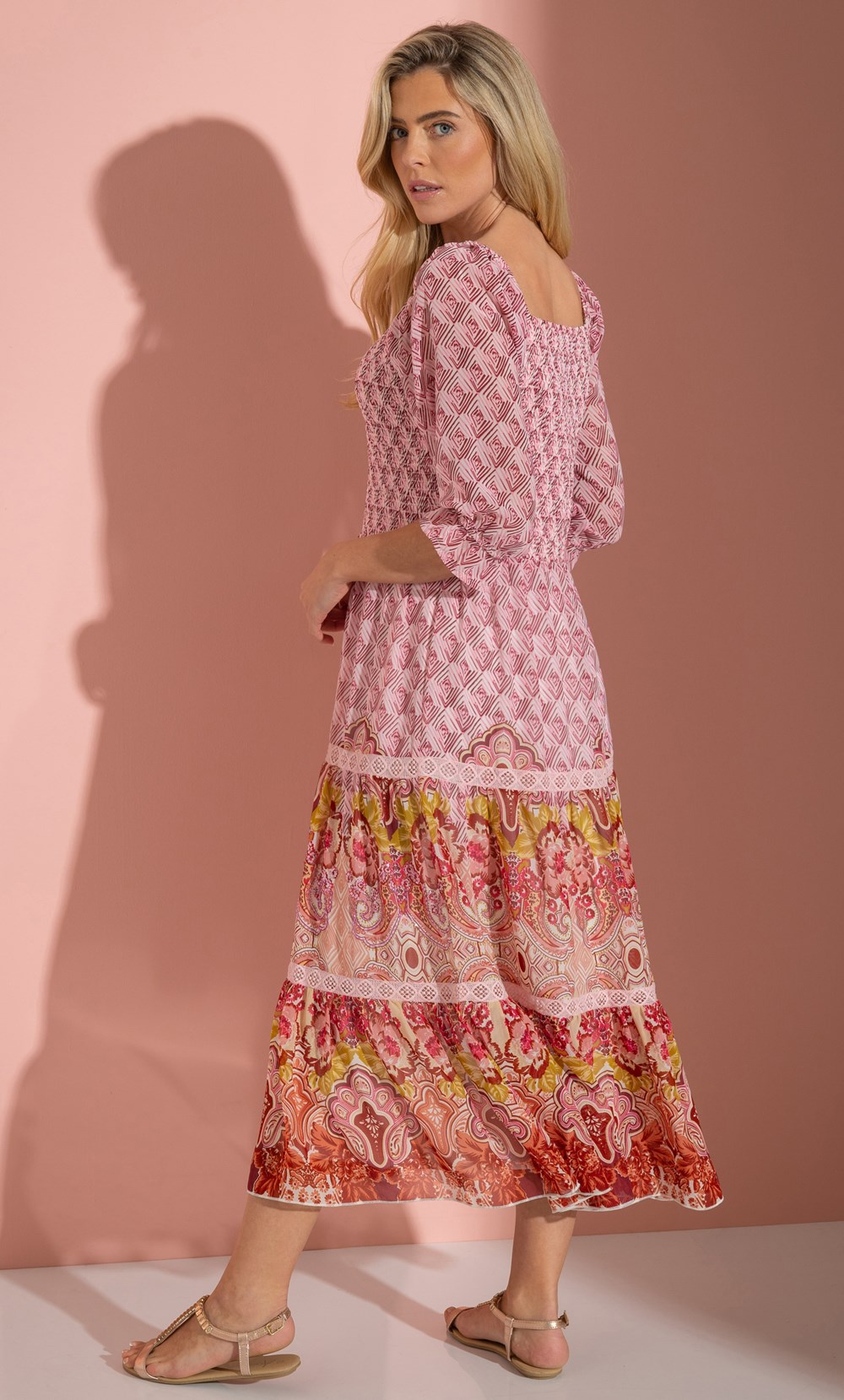 Embellished Printed Smocked Midaxi Dress