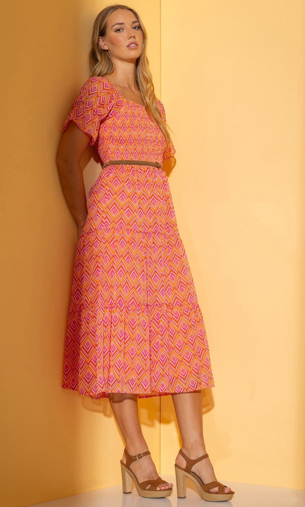 Belted Smocked Geometric Print Midaxi Dress