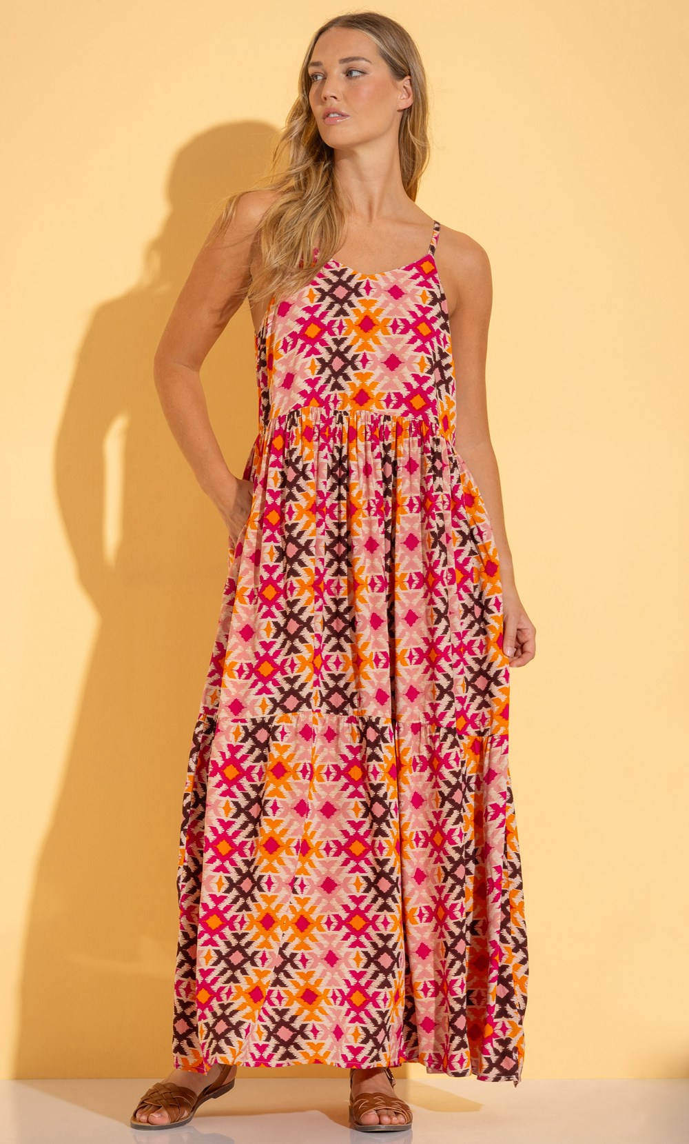 Aztec Print Relaxed Fit Strappy Maxi Dress