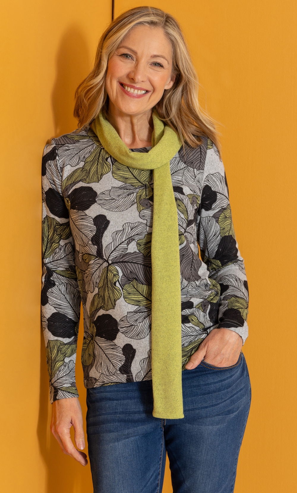 Brands - Anna Rose Anna Rose Leaf Print Knit Top With Scarf Grey Marl/Lime Women’s